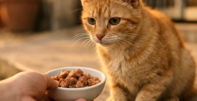 Kucing jalanan yang baru diadopt diberi makan pertama kali oleh pemilik baru di Malaysia