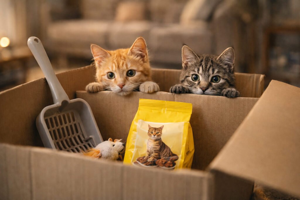 Dua ekor anak kucing mengintip dari dalam kotak yang mengandungi keperluan asas kucing seperti scoop litter dan makanan kucing kering