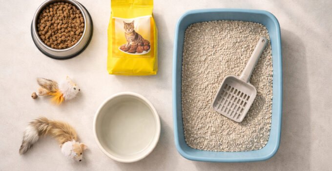 Set barang kucing lengkap untuk pemula termasuk bekas makanan stainless steel, litter box, pasir kucing dan makanan kucing kering