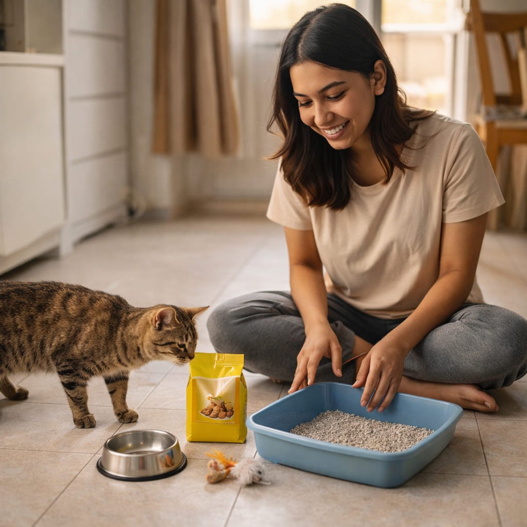 Pemilik kucing baru menyusun barang kucing asas dalam bajet RM300 di apartmen Malaysia