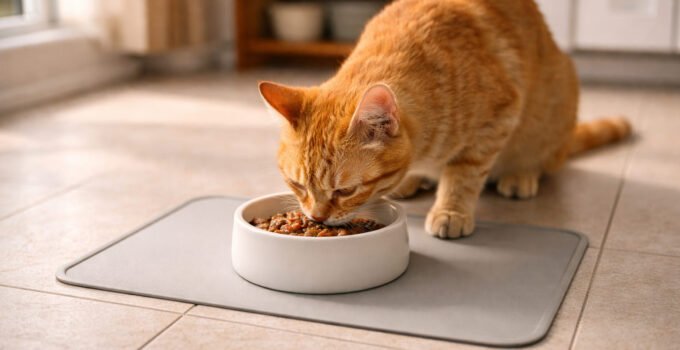 Kucing makan dari mangkuk kucing ceramic anti tumpah atas alas silikon